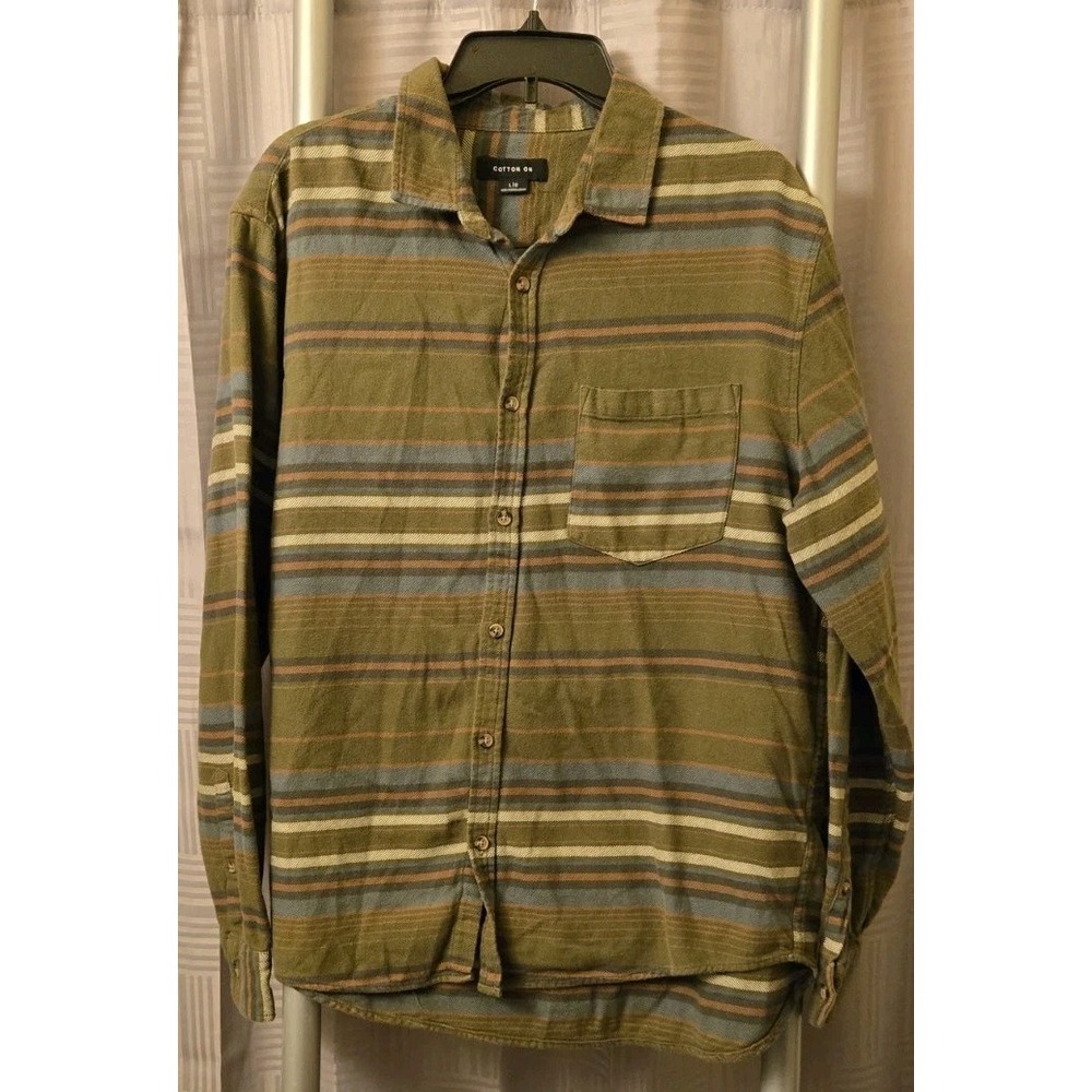 Cotton On Flannel Shirt Mens Large Olive Green‎ Striped Relaxed Button Front